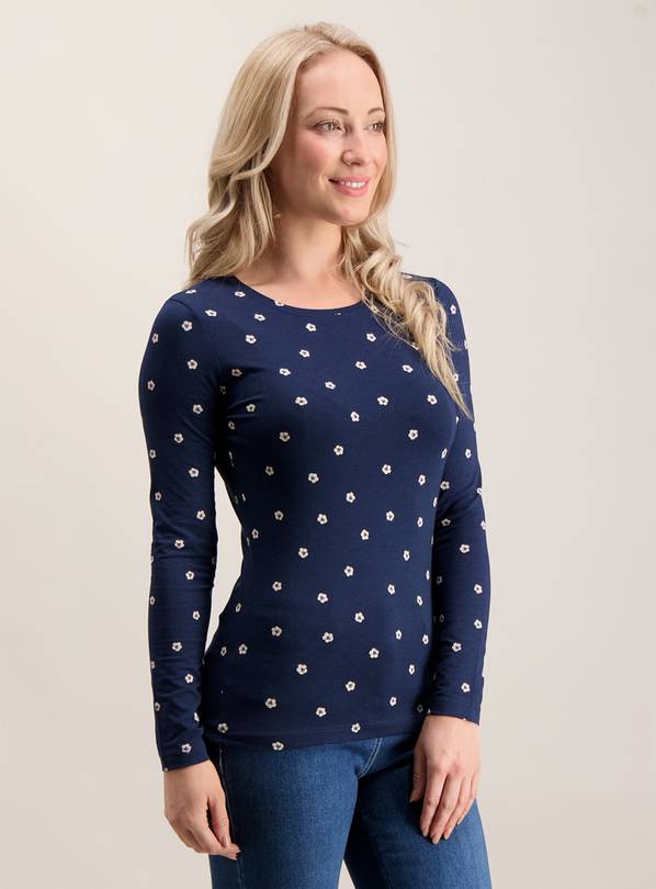 PETITE Navy Daisy Print Long Sleeve T-Shirt - 20